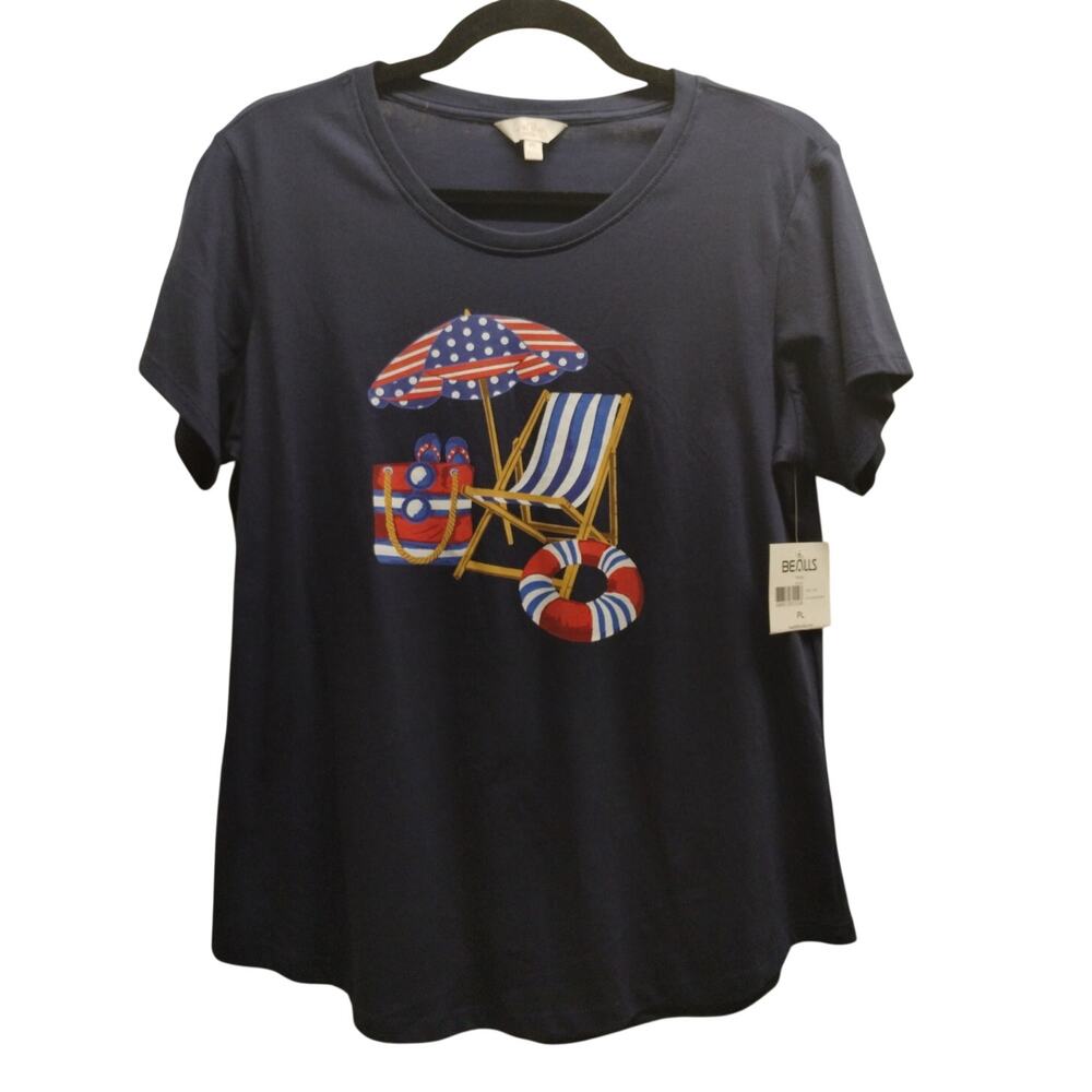 Coral Bay NWT Size Petite Large Navy Blue Beach Umbrella Patriotic Graphic Tee